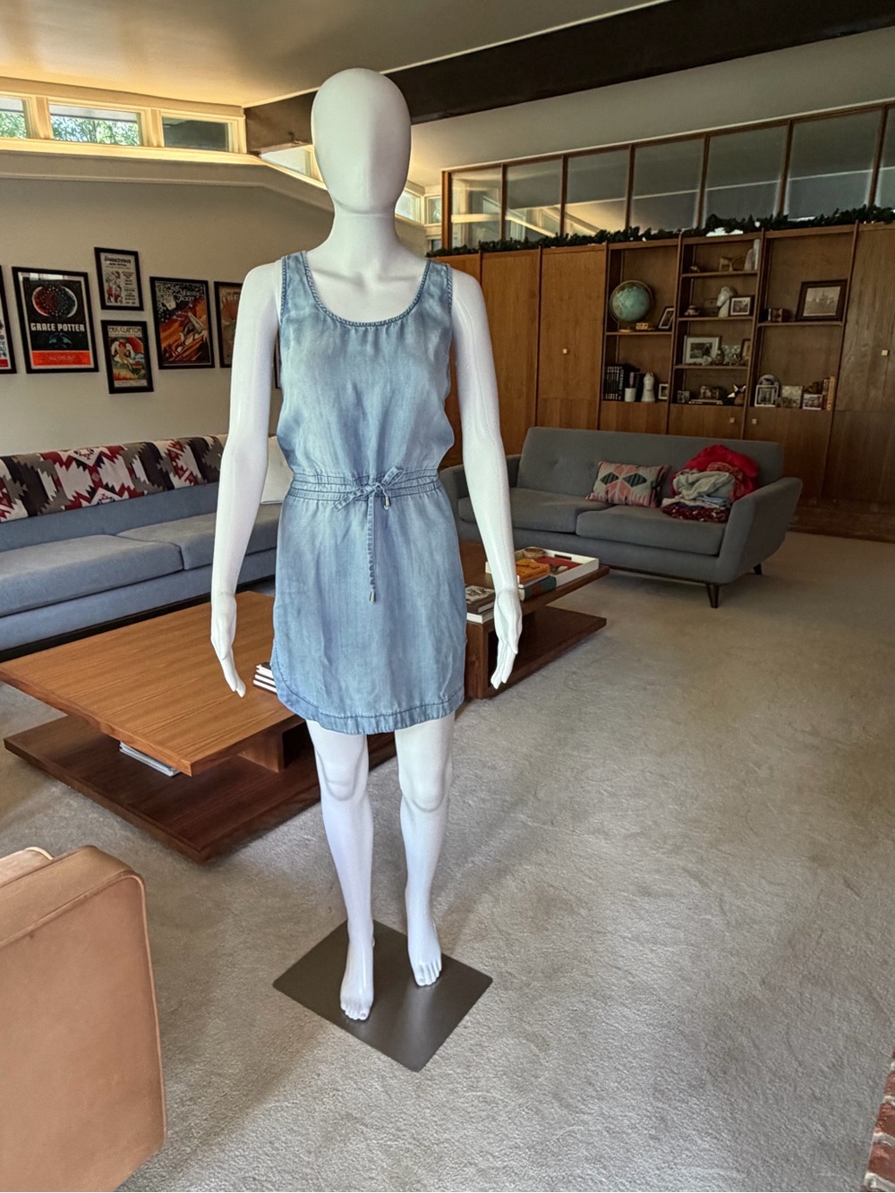 Light Blue Denim-Effect Sleeveless Drawstring Dress
